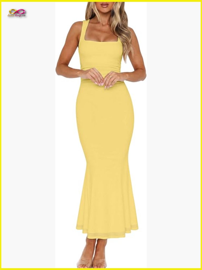 Bodycon Maxi Dress Ruched Sleeveless Square Neck Formal Guest Elegant Slim Fit